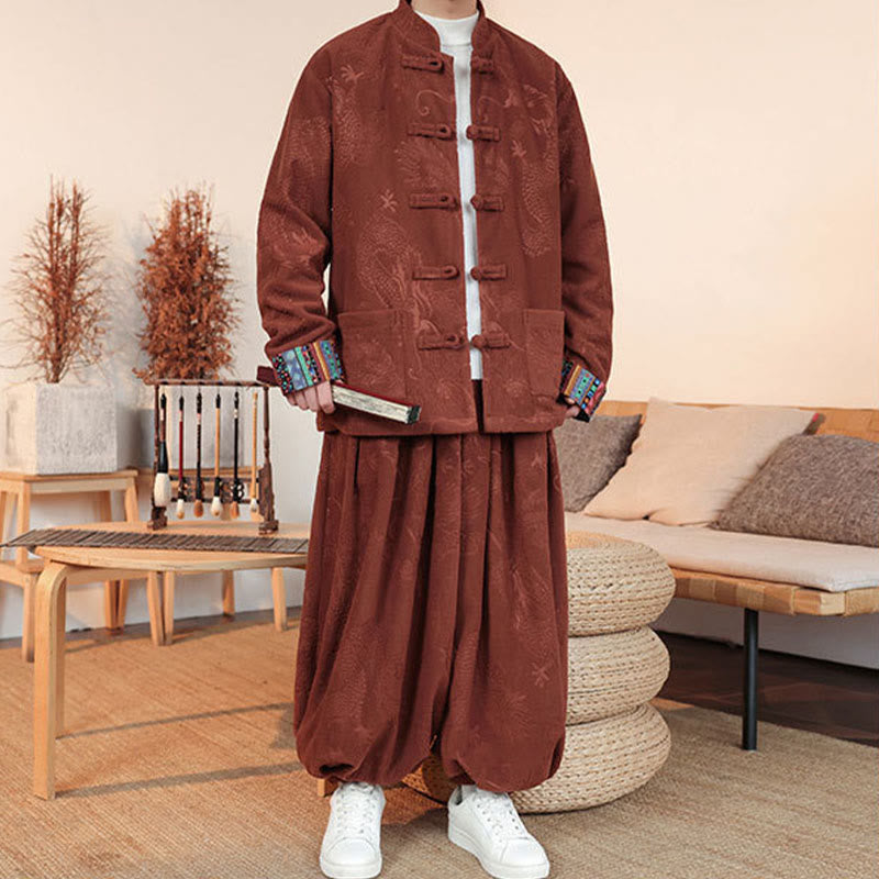 Nimara Ritual 2Pcs Fall Winter Men's Tang Suit Dragon Frog-Button Cotton Long Sleeve Jacket Pants Set