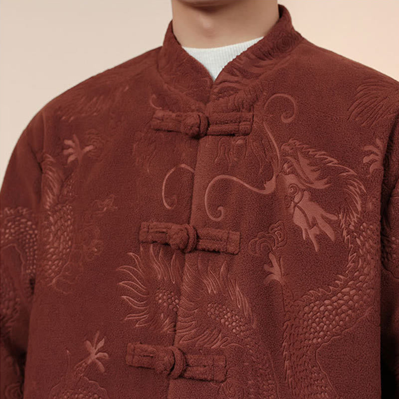 Nimara Ritual 2Pcs Fall Winter Men's Tang Suit Dragon Frog-Button Cotton Long Sleeve Jacket Pants Set