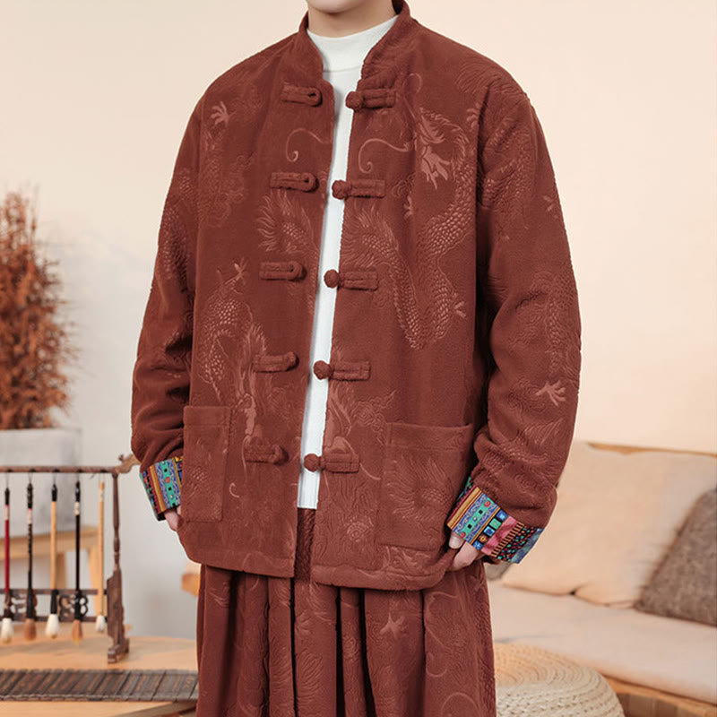 Nimara Ritual 2Pcs Fall Winter Men's Tang Suit Dragon Frog-Button Cotton Long Sleeve Jacket Pants Set