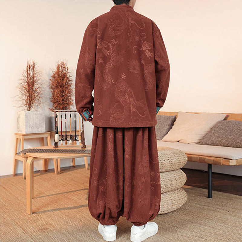 Nimara Ritual 2Pcs Fall Winter Men's Tang Suit Dragon Frog-Button Cotton Long Sleeve Jacket Pants Set