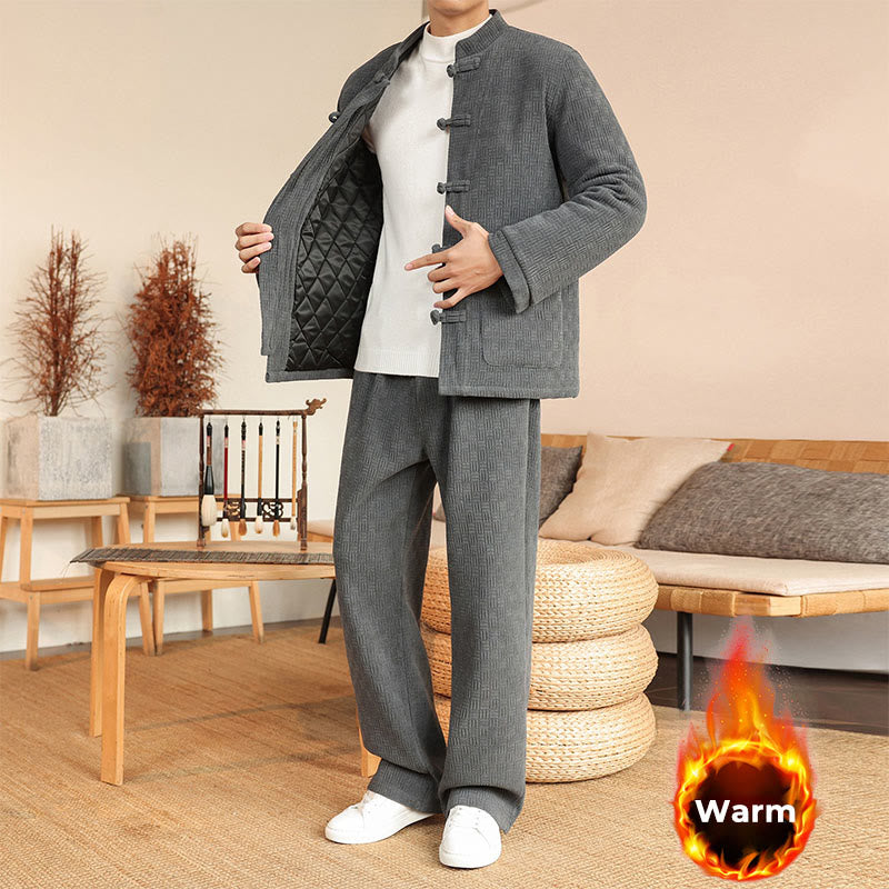 Nimara Ritual 2Pcs Winter Solid Men's Tang Suit Frog-Button Cotton Long Sleeve Jacket Pants Set With Pockets