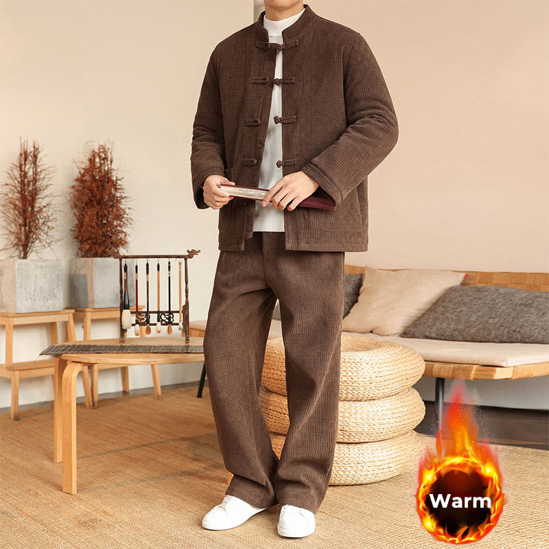 Nimara Ritual 2Pcs Winter Solid Men's Tang Suit Frog-Button Cotton Long Sleeve Jacket Pants Set With Pockets