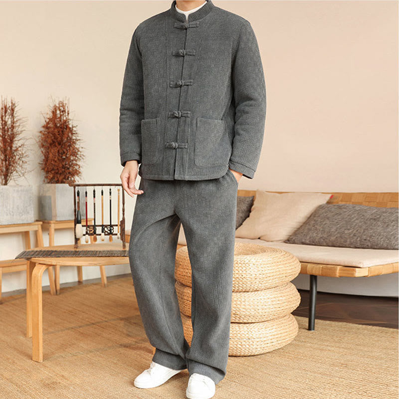 Nimara Ritual 2Pcs Winter Solid Men's Tang Suit Frog-Button Cotton Long Sleeve Jacket Pants Set With Pockets