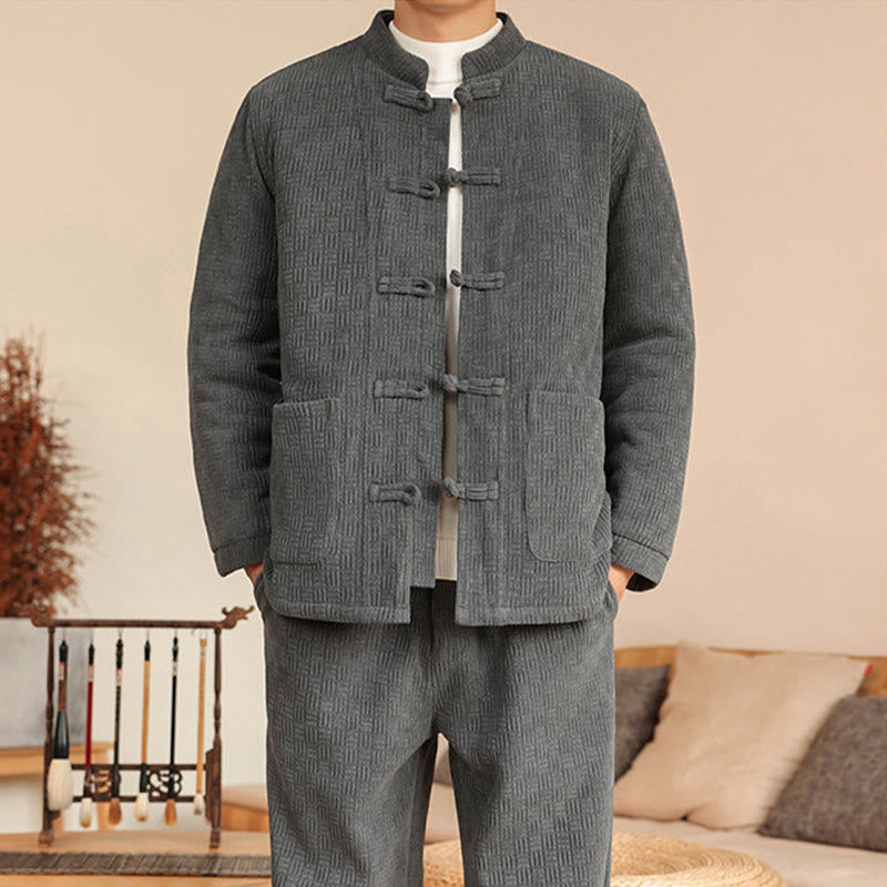 Nimara Ritual 2Pcs Winter Solid Men's Tang Suit Frog-Button Cotton Long Sleeve Jacket Pants Set With Pockets