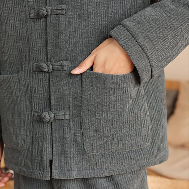 Nimara Ritual 2Pcs Winter Solid Men's Tang Suit Frog-Button Cotton Long Sleeve Jacket Pants Set With Pockets