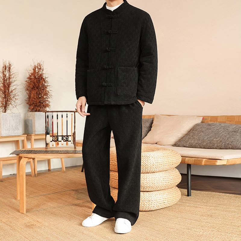 Nimara Ritual 2Pcs Winter Solid Men's Tang Suit Frog-Button Cotton Long Sleeve Jacket Pants Set With Pockets