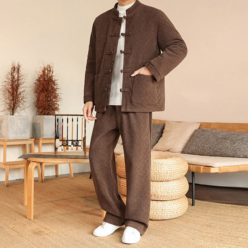 Nimara Ritual 2Pcs Winter Solid Men's Tang Suit Frog-Button Cotton Long Sleeve Jacket Pants Set With Pockets