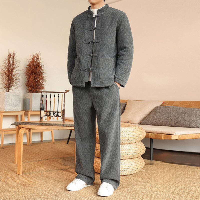 Nimara Ritual 2Pcs Winter Solid Men's Tang Suit Frog-Button Cotton Long Sleeve Jacket Pants Set With Pockets
