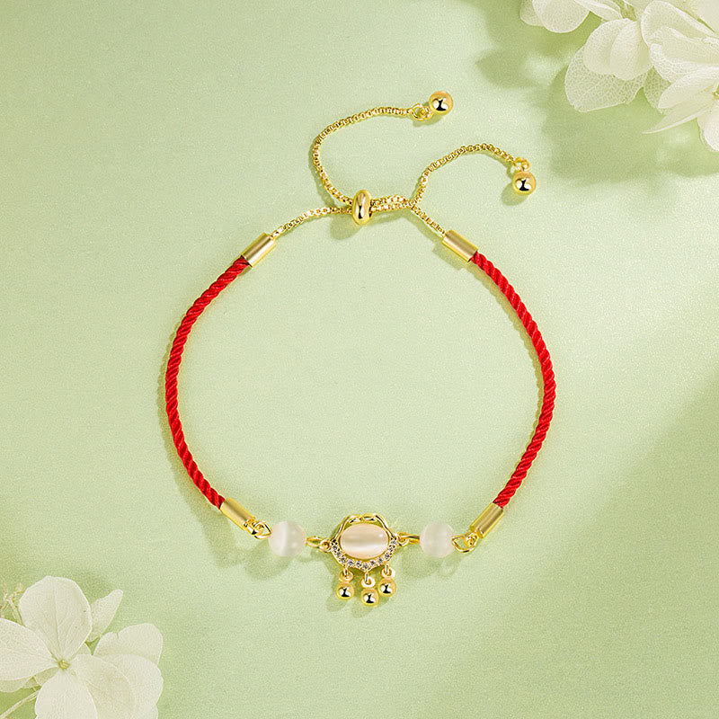 Nimara Ritual Chinese Lock Charm Cat's Eye Red String Copper Plated Gold Protection Bracelet