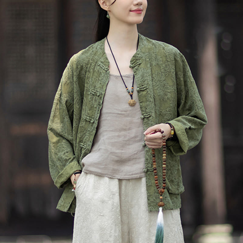 Nimara Ritual Fall Jacquard Women's Frog-Button Long Sleeve Shirt Pants Cotton Linen Clothing