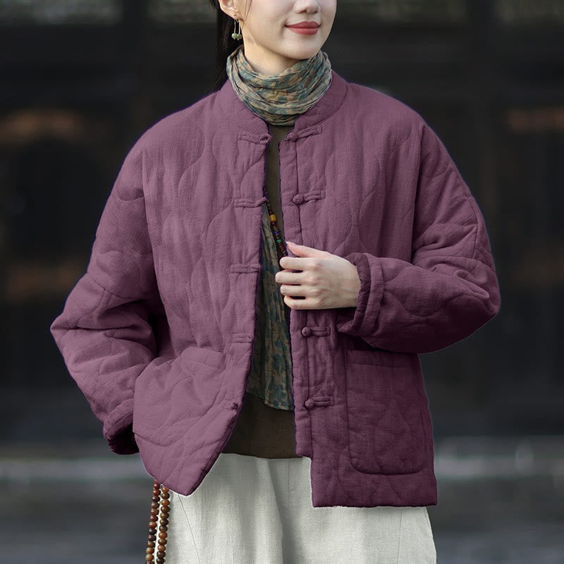Nimara Ritual Winter Curved Lines Frog-Button Ramie Cotton Long Sleeve Women's Thermal Jacket With Pockets