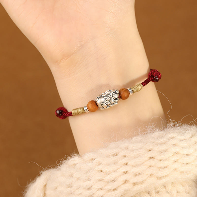 Nimara Ritual 999 Sterling Silver Pixiu Charm Peach Wood Bead Handmade String Braided Luck Bracelet Anklet