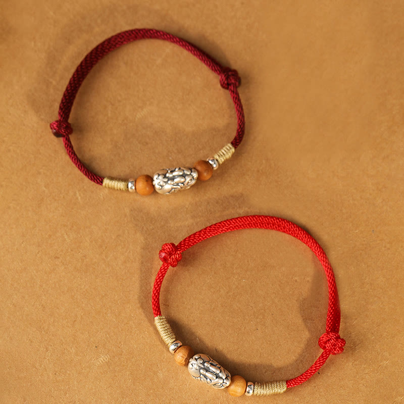 Nimara Ritual 999 Sterling Silver Pixiu Charm Peach Wood Bead Handmade String Braided Luck Bracelet Anklet