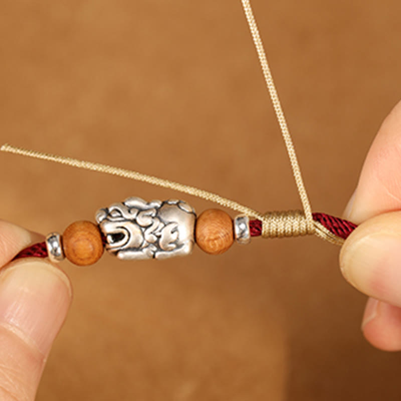 Nimara Ritual 999 Sterling Silver Pixiu Charm Peach Wood Bead Handmade String Braided Luck Bracelet Anklet