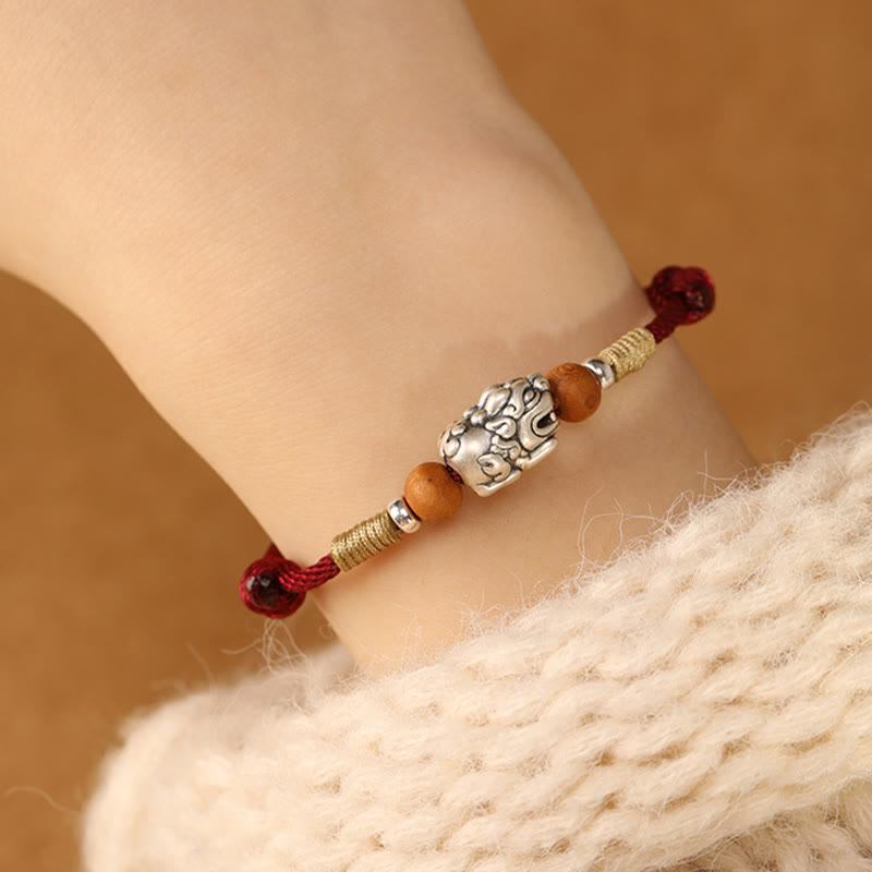 Nimara Ritual 999 Sterling Silver Pixiu Charm Peach Wood Bead Handmade String Braided Luck Bracelet Anklet
