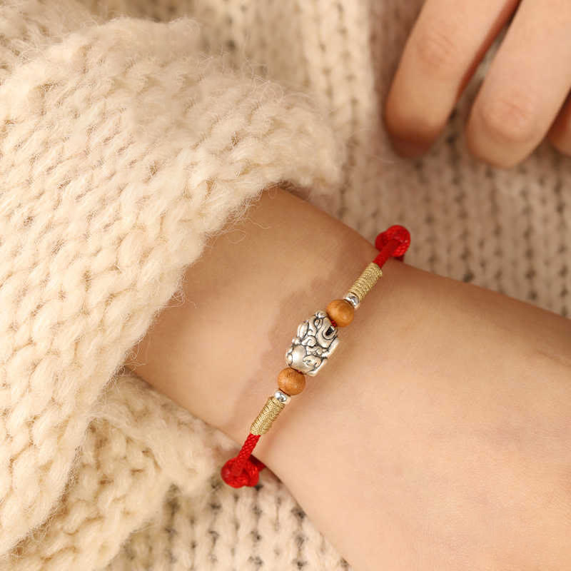 Nimara Ritual 999 Sterling Silver Pixiu Charm Peach Wood Bead Handmade String Braided Luck Bracelet Anklet
