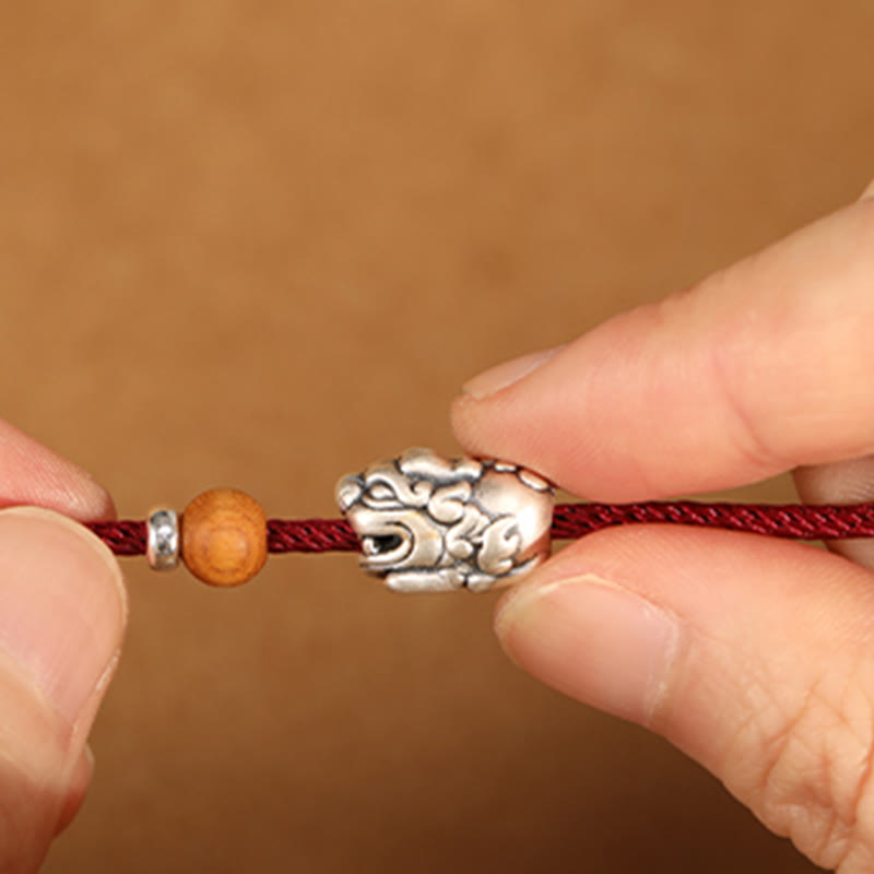 Nimara Ritual 999 Sterling Silver Pixiu Charm Peach Wood Bead Handmade String Braided Luck Bracelet Anklet