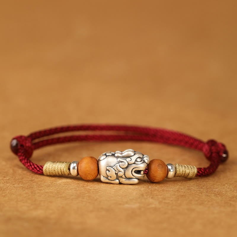 Nimara Ritual 999 Sterling Silver Pixiu Charm Peach Wood Bead Handmade String Braided Luck Bracelet Anklet