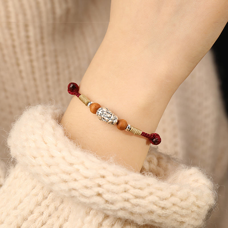 Nimara Ritual 999 Sterling Silver Pixiu Charm Peach Wood Bead Handmade String Braided Luck Bracelet Anklet