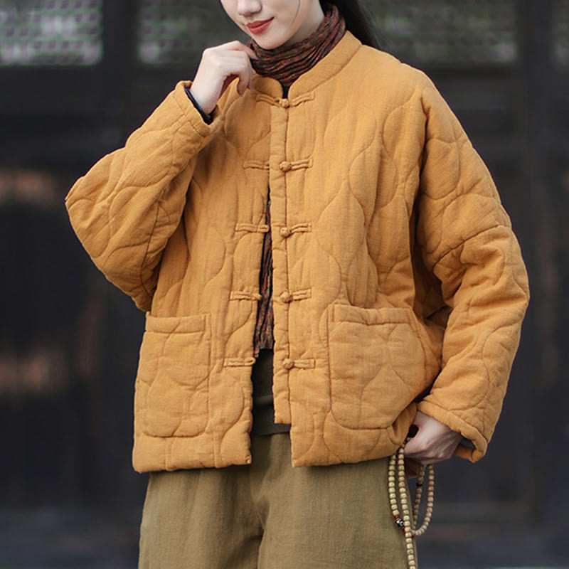 Nimara Ritual Winter Curved Lines Frog-Button Ramie Cotton Long Sleeve Women's Thermal Jacket With Pockets