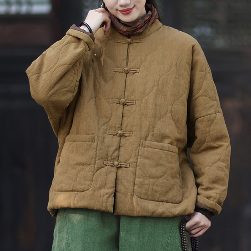 Nimara Ritual Winter Curved Lines Frog-Button Ramie Cotton Long Sleeve Women's Thermal Jacket With Pockets