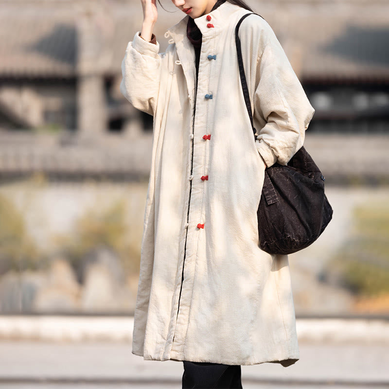 Nimara Ritual Winter Solid Frog-Button Ramie Cotton Women's Long Sleeve Thermal Coat With Pockets