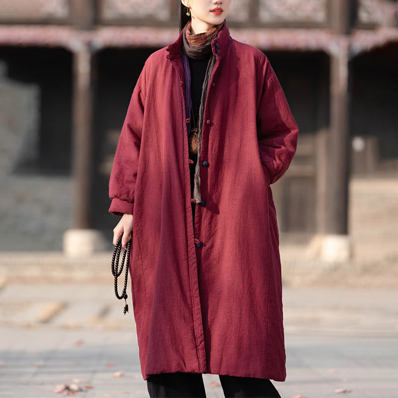 Nimara Ritual Winter Solid Frog-Button Ramie Cotton Women's Long Sleeve Thermal Coat With Pockets