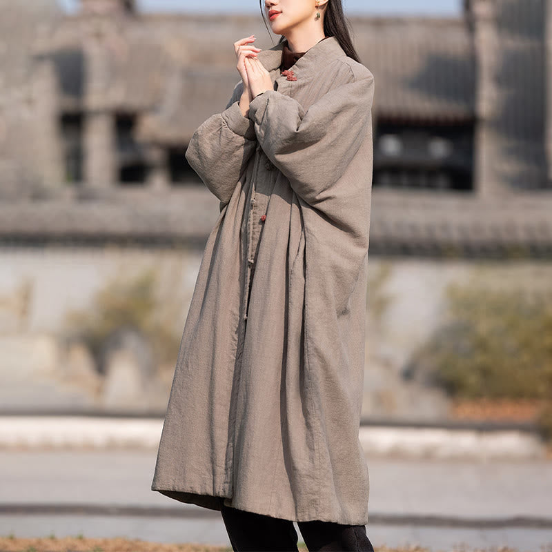 Nimara Ritual Winter Solid Frog-Button Ramie Cotton Women's Long Sleeve Thermal Coat With Pockets