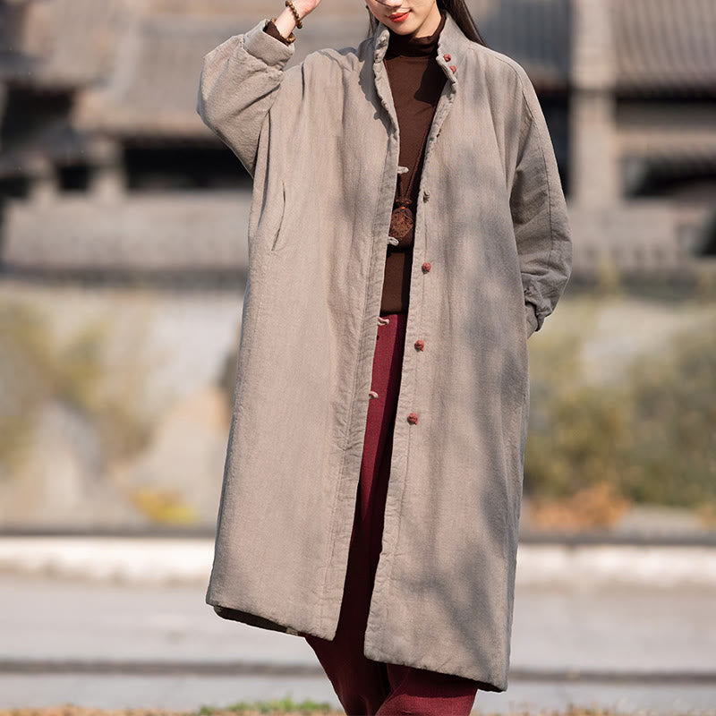 Nimara Ritual Winter Solid Frog-Button Ramie Cotton Women's Long Sleeve Thermal Coat With Pockets
