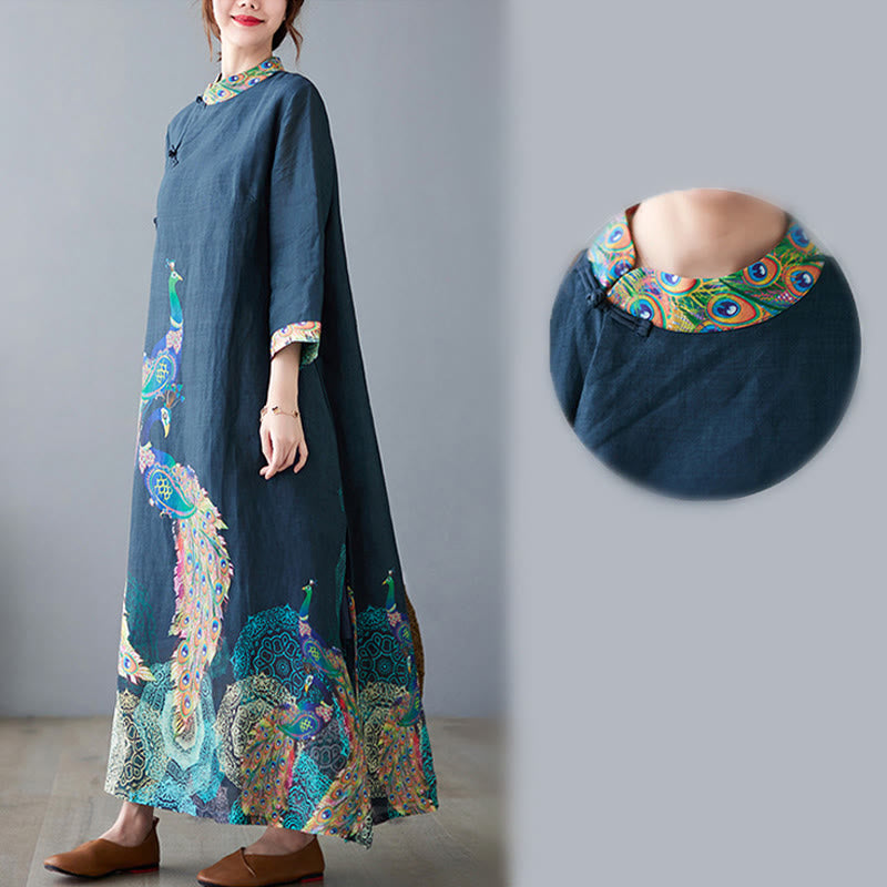 Nimara Ritual Fall Colorful Peacocks Mandala Frog-Button Three Quarter Sleeve Cotton Women's Midi Dress