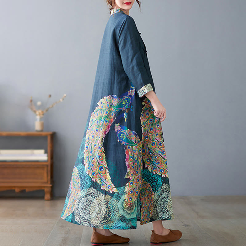 Nimara Ritual Fall Colorful Peacocks Mandala Frog-Button Three Quarter Sleeve Cotton Women's Midi Dress