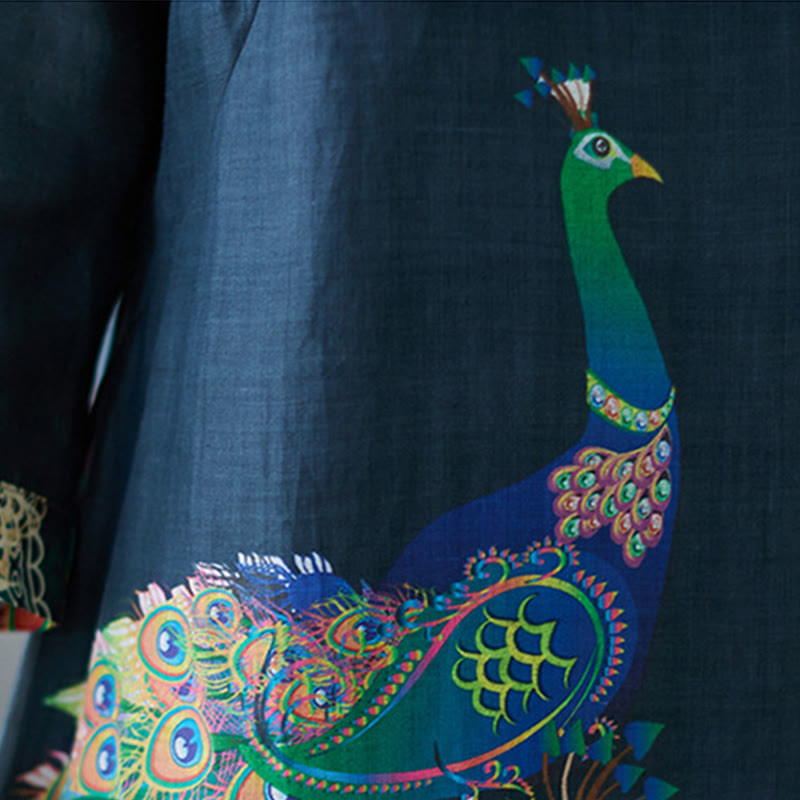 Nimara Ritual Fall Colorful Peacocks Mandala Frog-Button Three Quarter Sleeve Cotton Women's Midi Dress