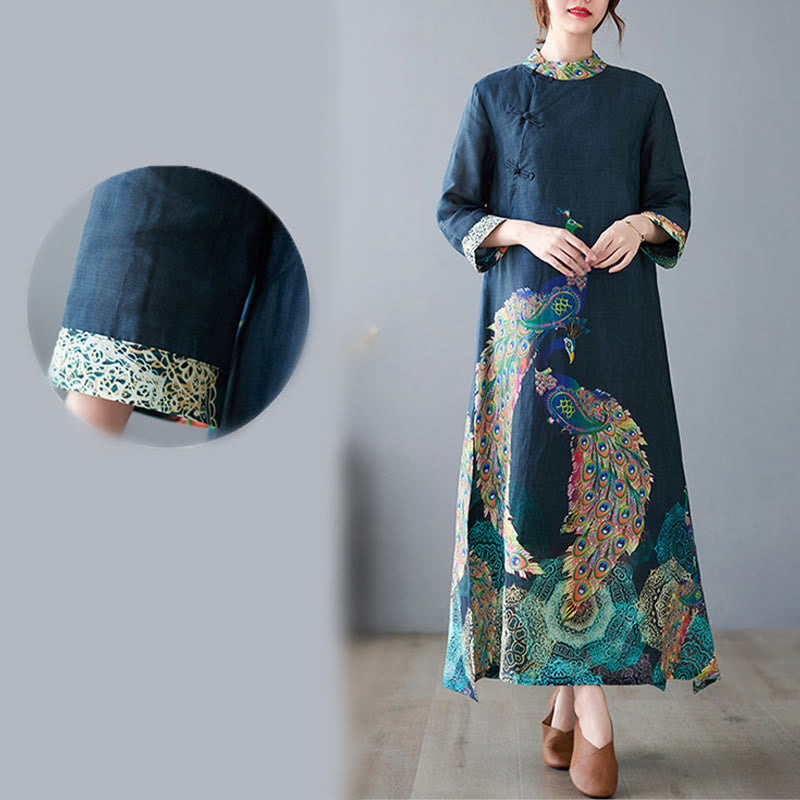 Nimara Ritual Fall Colorful Peacocks Mandala Frog-Button Three Quarter Sleeve Cotton Women's Midi Dress