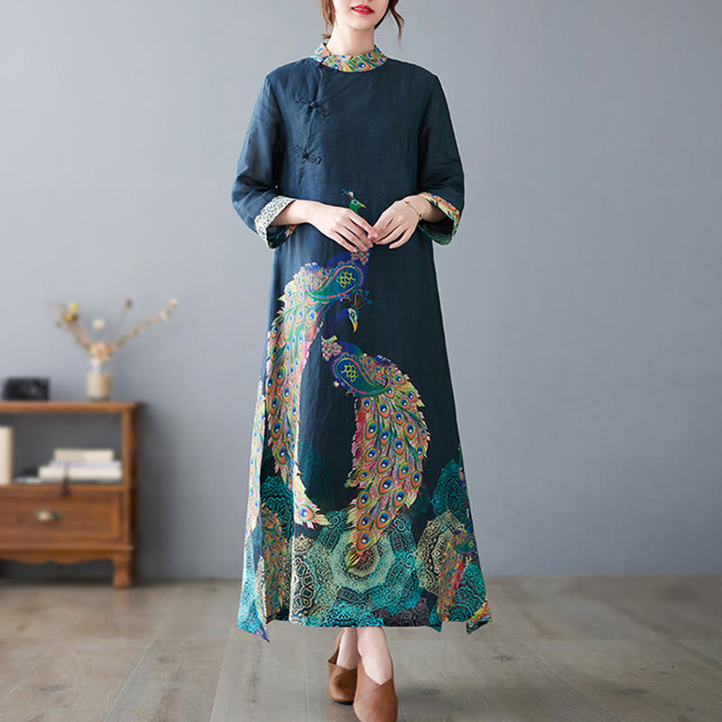 Nimara Ritual Fall Colorful Peacocks Mandala Frog-Button Three Quarter Sleeve Cotton Women's Midi Dress