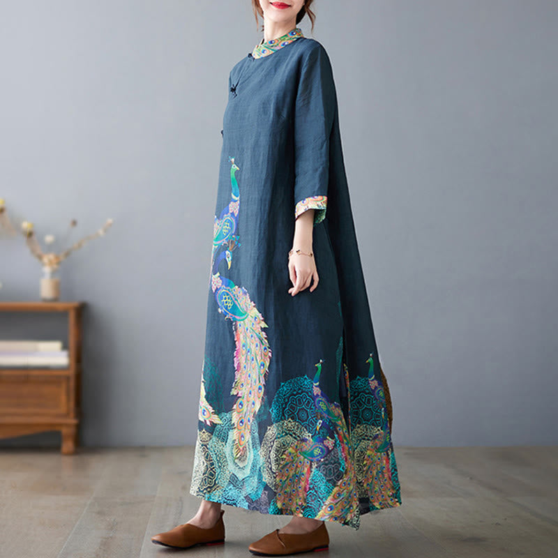 Nimara Ritual Fall Colorful Peacocks Mandala Frog-Button Three Quarter Sleeve Cotton Women's Midi Dress