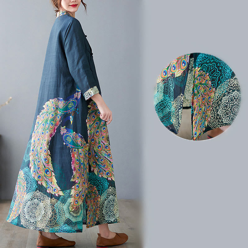 Nimara Ritual Fall Colorful Peacocks Mandala Frog-Button Three Quarter Sleeve Cotton Women's Midi Dress