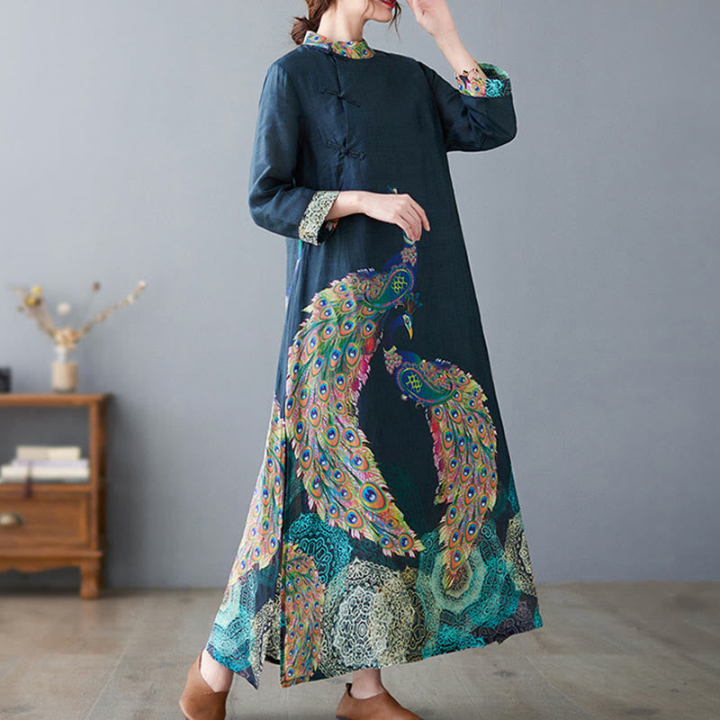 Nimara Ritual Fall Colorful Peacocks Mandala Frog-Button Three Quarter Sleeve Cotton Women's Midi Dress