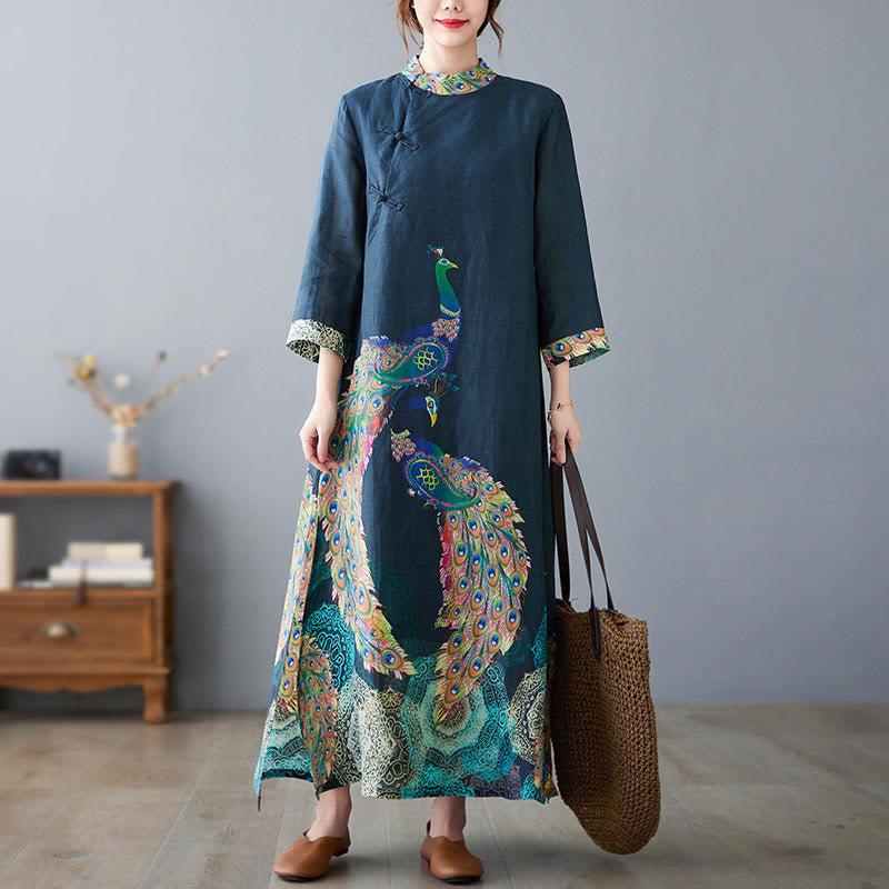Nimara Ritual Fall Colorful Peacocks Mandala Frog-Button Three Quarter Sleeve Cotton Women's Midi Dress