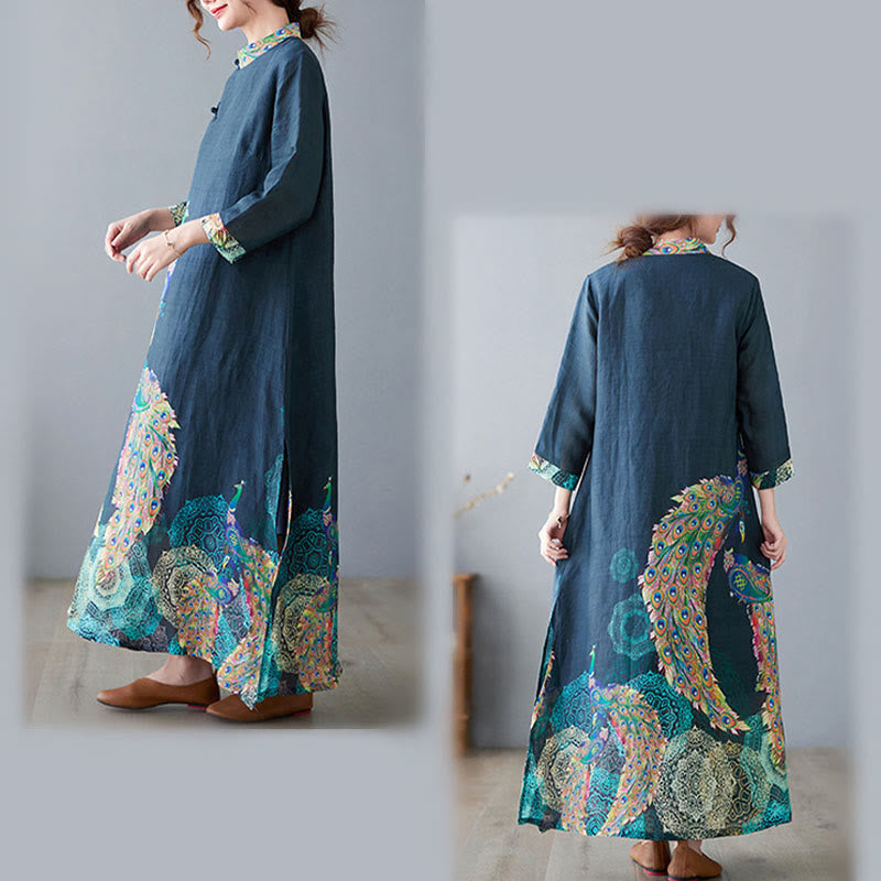 Nimara Ritual Fall Colorful Peacocks Mandala Frog-Button Three Quarter Sleeve Cotton Women's Midi Dress
