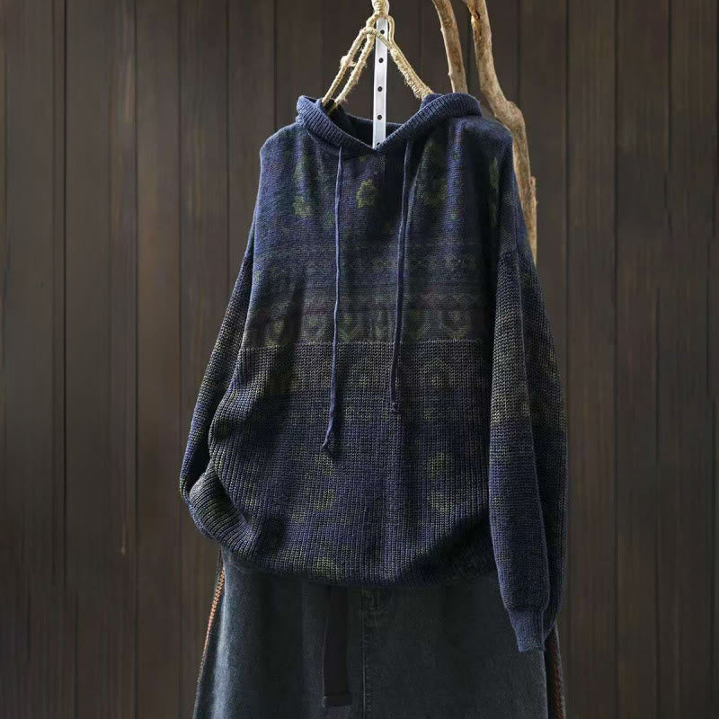 Nimara Ritual Fall Striped Geometric Flowers Cotton Women's Long Sleeve Pullover Knitted Hoodie