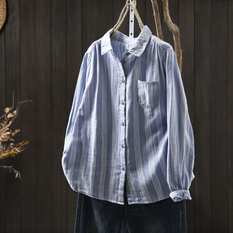 Nimara Ritual Fall Vertical Stripes Button Down Stand Collar Long Sleeve Women's Cotton Shirt