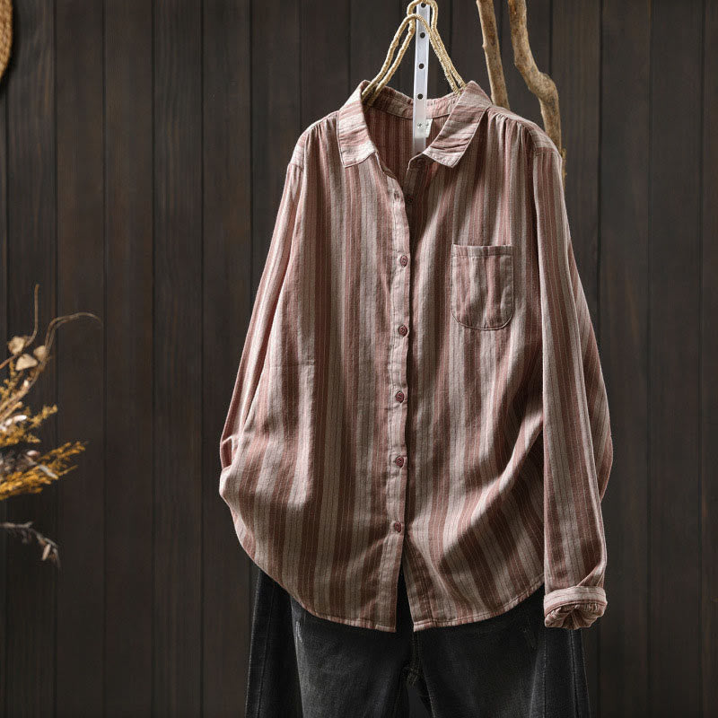 Nimara Ritual Fall Vertical Stripes Button Down Stand Collar Long Sleeve Women's Cotton Shirt