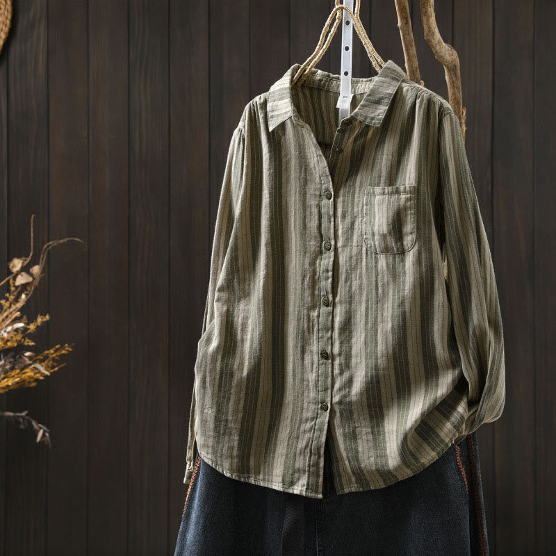 Nimara Ritual Fall Vertical Stripes Button Down Stand Collar Long Sleeve Women's Cotton Shirt