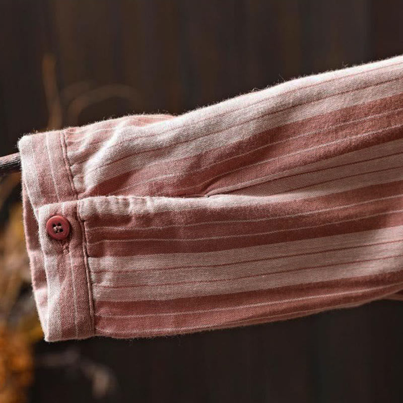 Nimara Ritual Fall Vertical Stripes Button Down Stand Collar Long Sleeve Women's Cotton Shirt