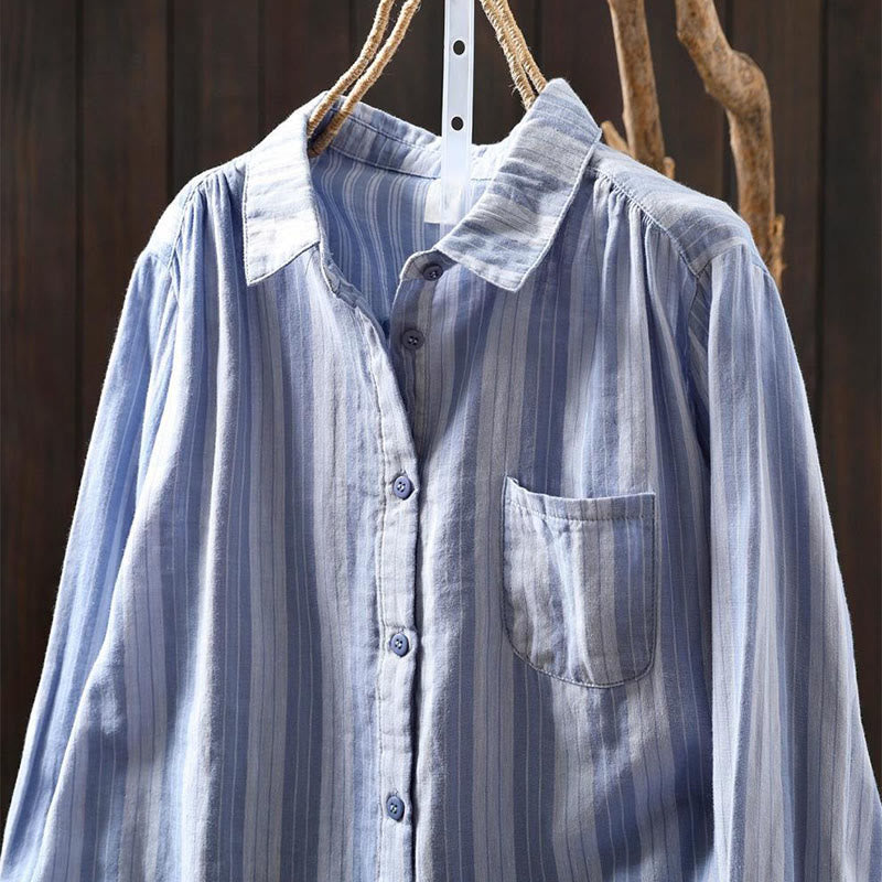 Nimara Ritual Fall Vertical Stripes Button Down Stand Collar Long Sleeve Women's Cotton Shirt