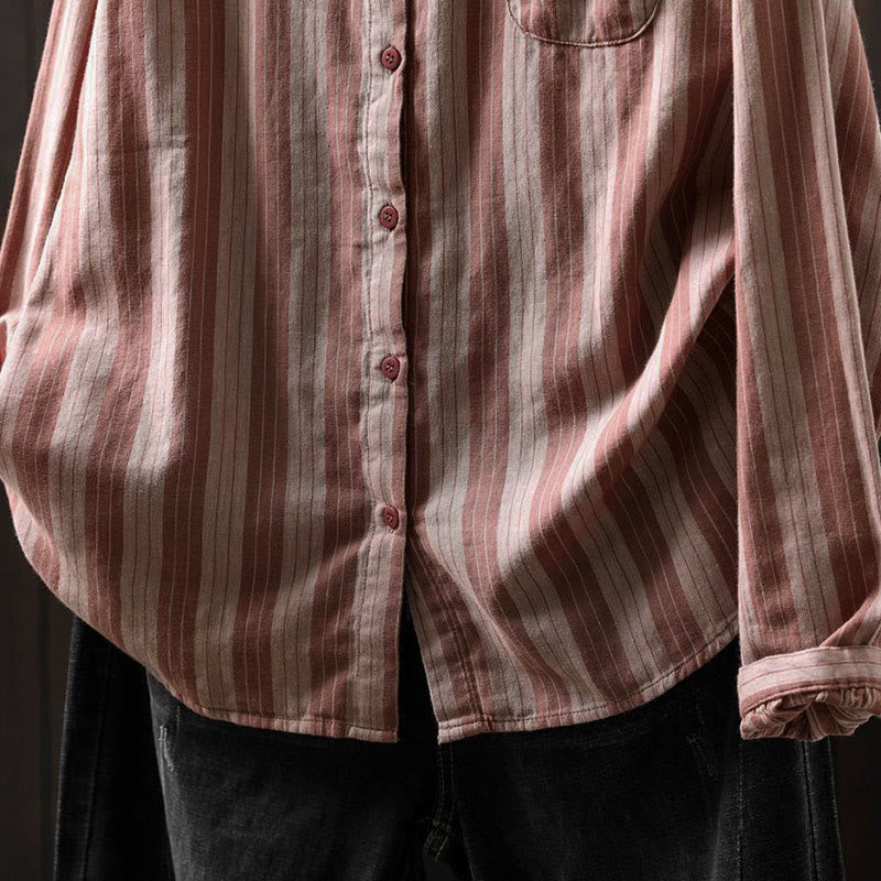 Nimara Ritual Fall Vertical Stripes Button Down Stand Collar Long Sleeve Women's Cotton Shirt