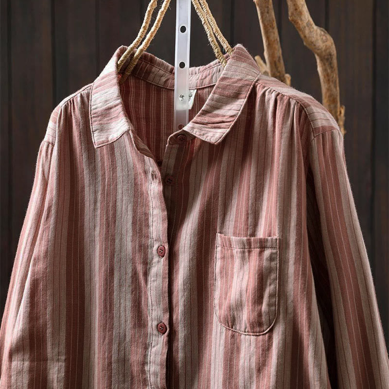 Nimara Ritual Fall Vertical Stripes Button Down Stand Collar Long Sleeve Women's Cotton Shirt