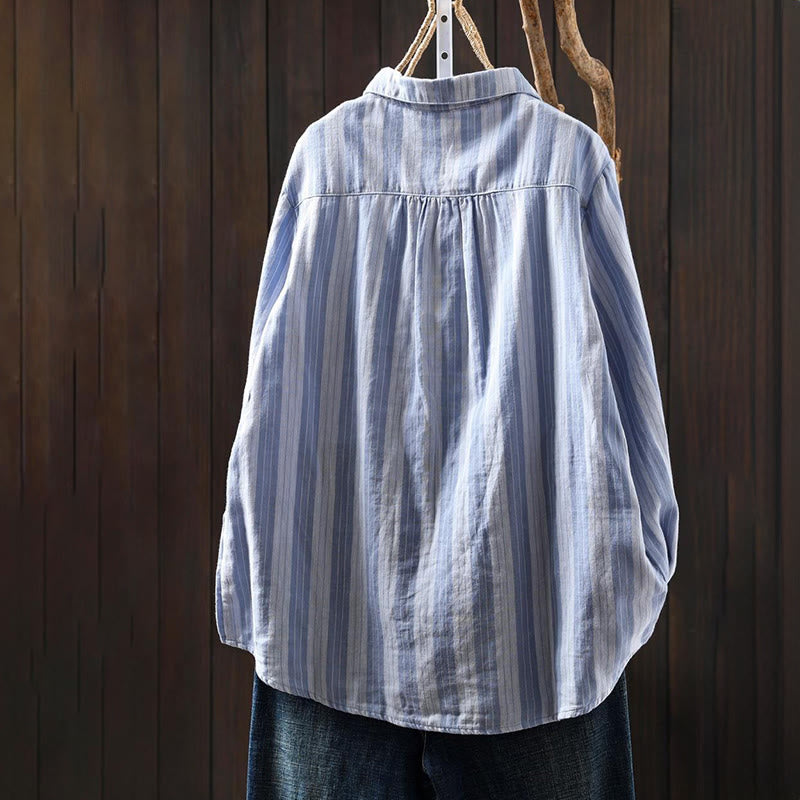 Nimara Ritual Fall Vertical Stripes Button Down Stand Collar Long Sleeve Women's Cotton Shirt