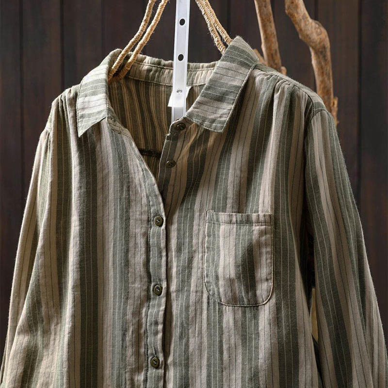 Nimara Ritual Fall Vertical Stripes Button Down Stand Collar Long Sleeve Women's Cotton Shirt
