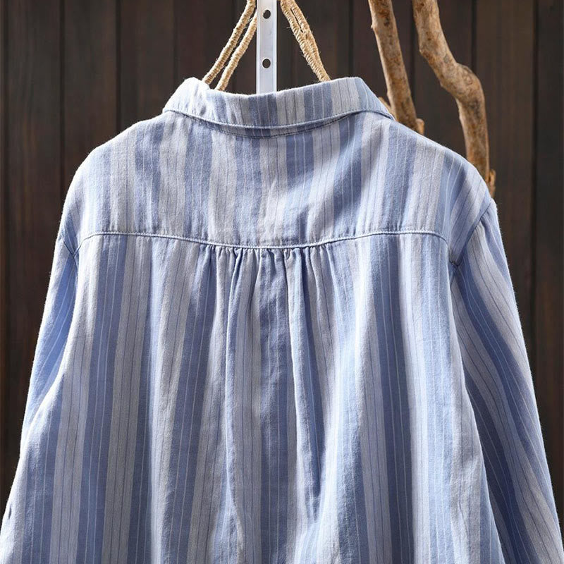 Nimara Ritual Fall Vertical Stripes Button Down Stand Collar Long Sleeve Women's Cotton Shirt
